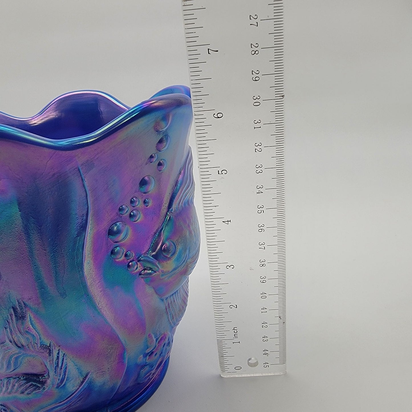 Fenton Glass 2004 Atlantis Periwinkle Iridescent Blue Fish Vase