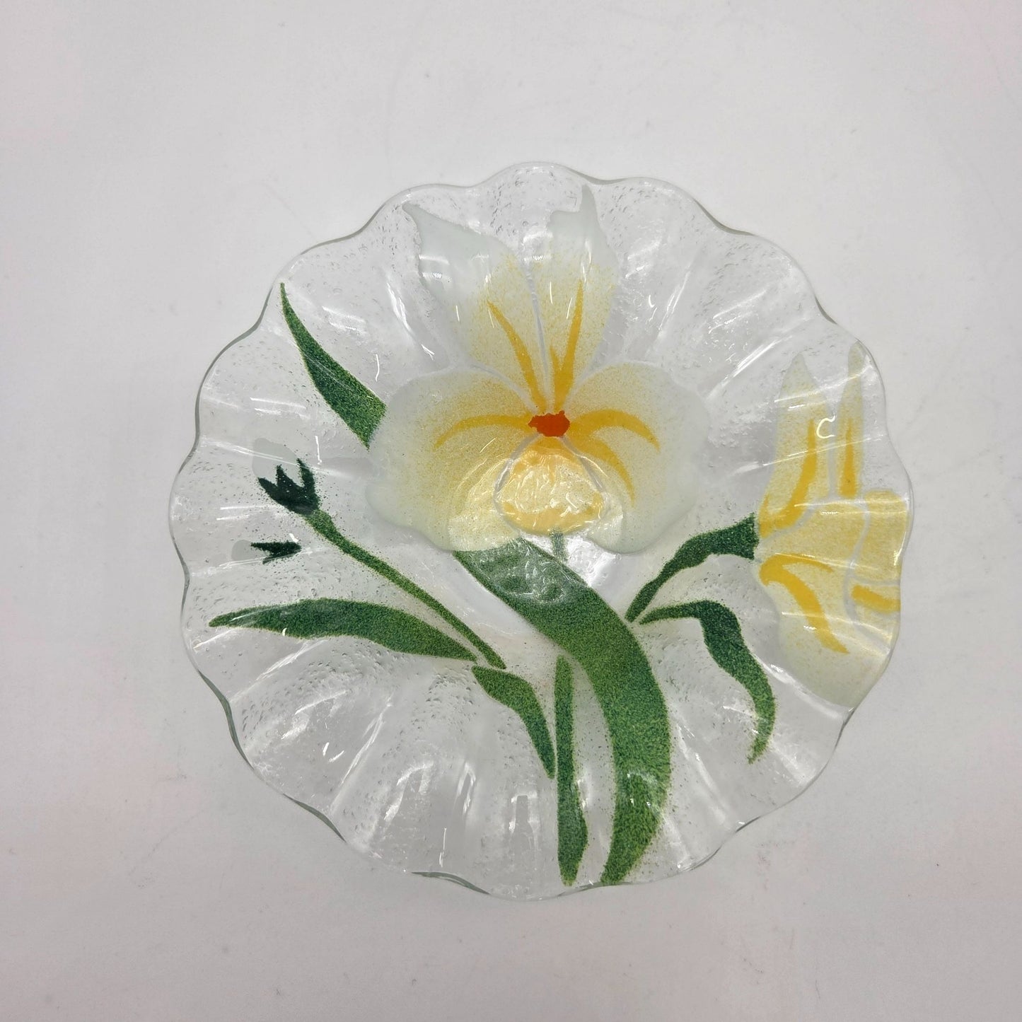 Sydenstricker Fused Glass White & Yellow Pansy Bowl