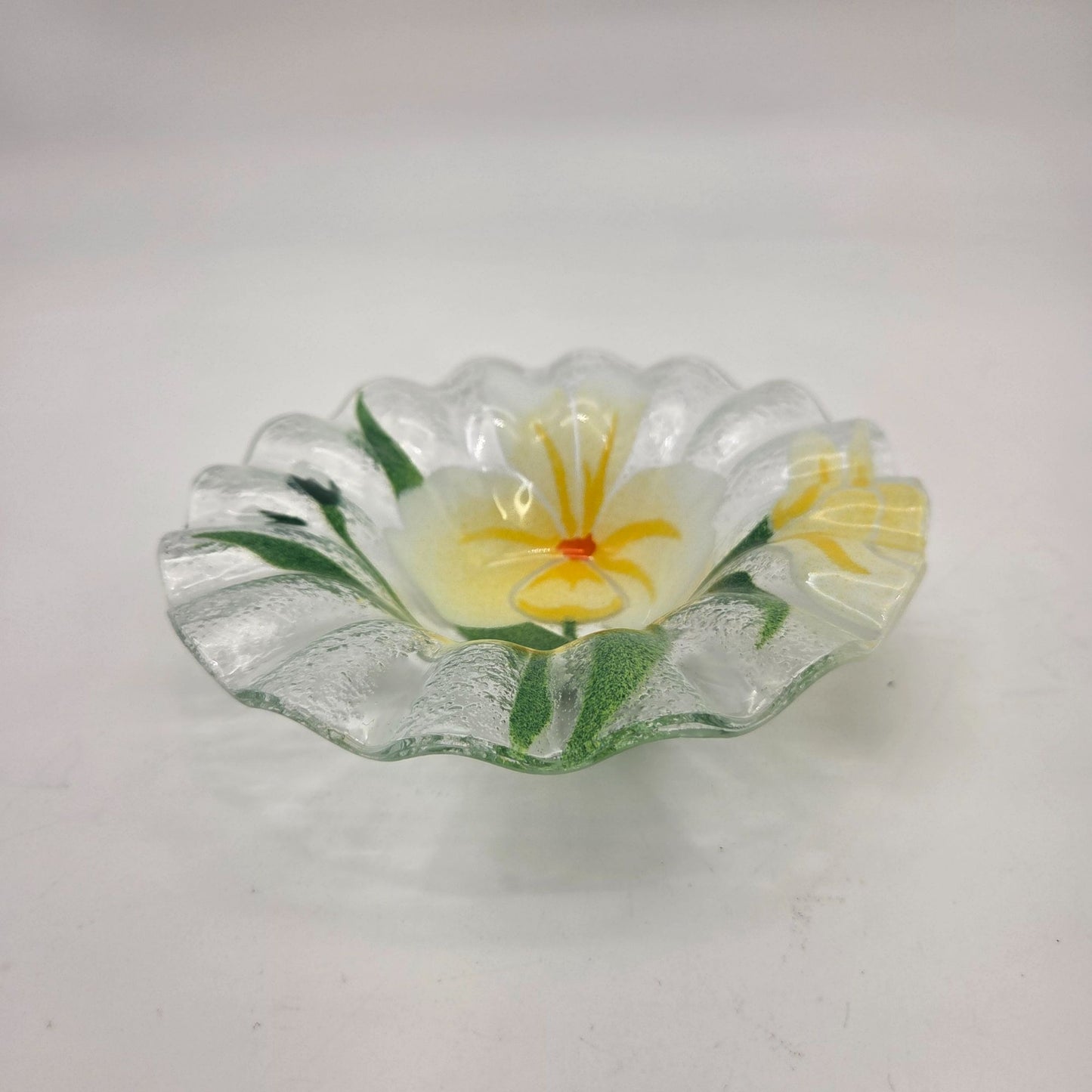 Sydenstricker Fused Glass White & Yellow Pansy Bowl