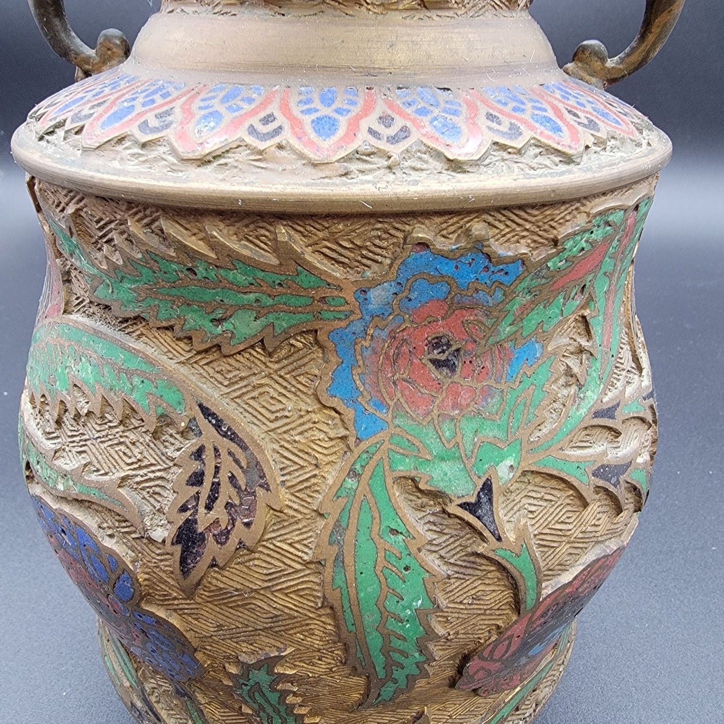 Antique Japanese Champleve Bronze Vase with Dragon Head Handles