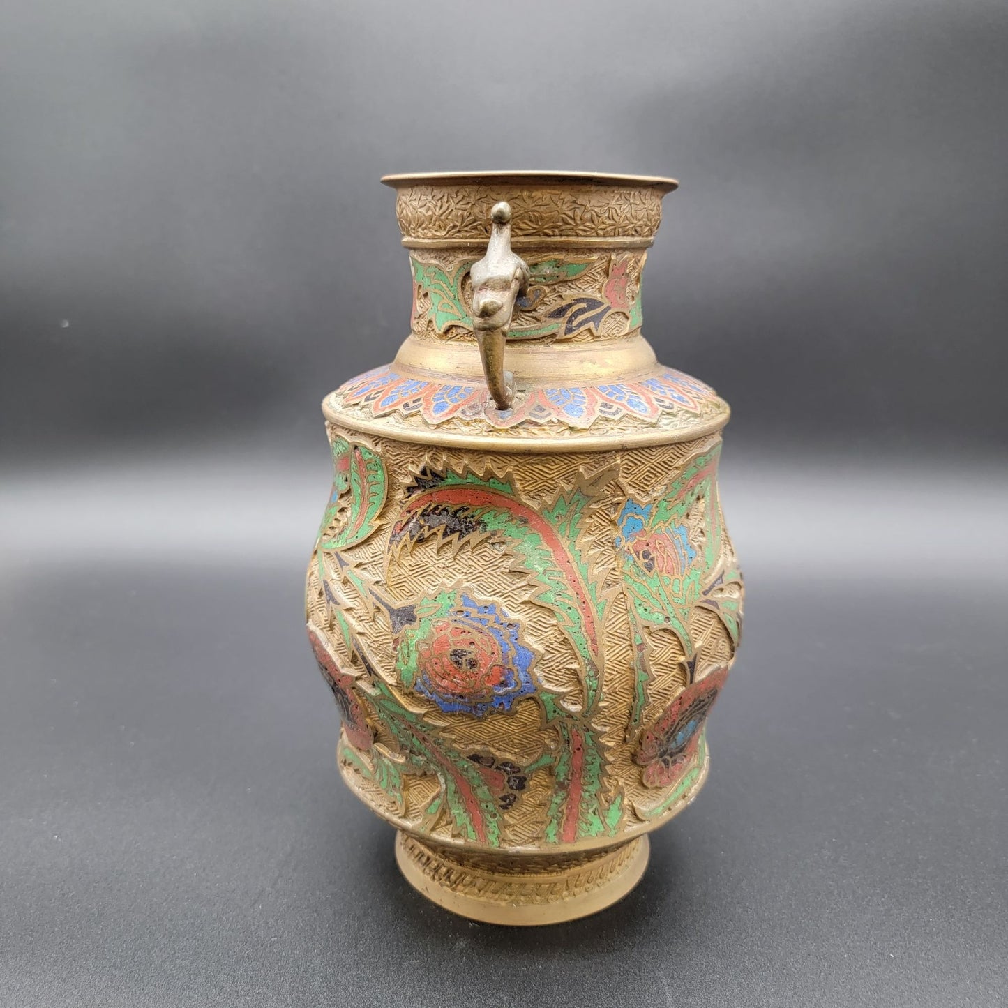 Antique Japanese Champleve Bronze Vase with Dragon Head Handles