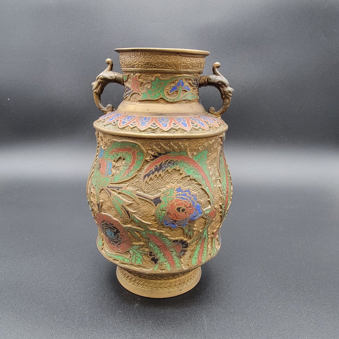 Antique Japanese Champleve Bronze Vase with Dragon Head Handles