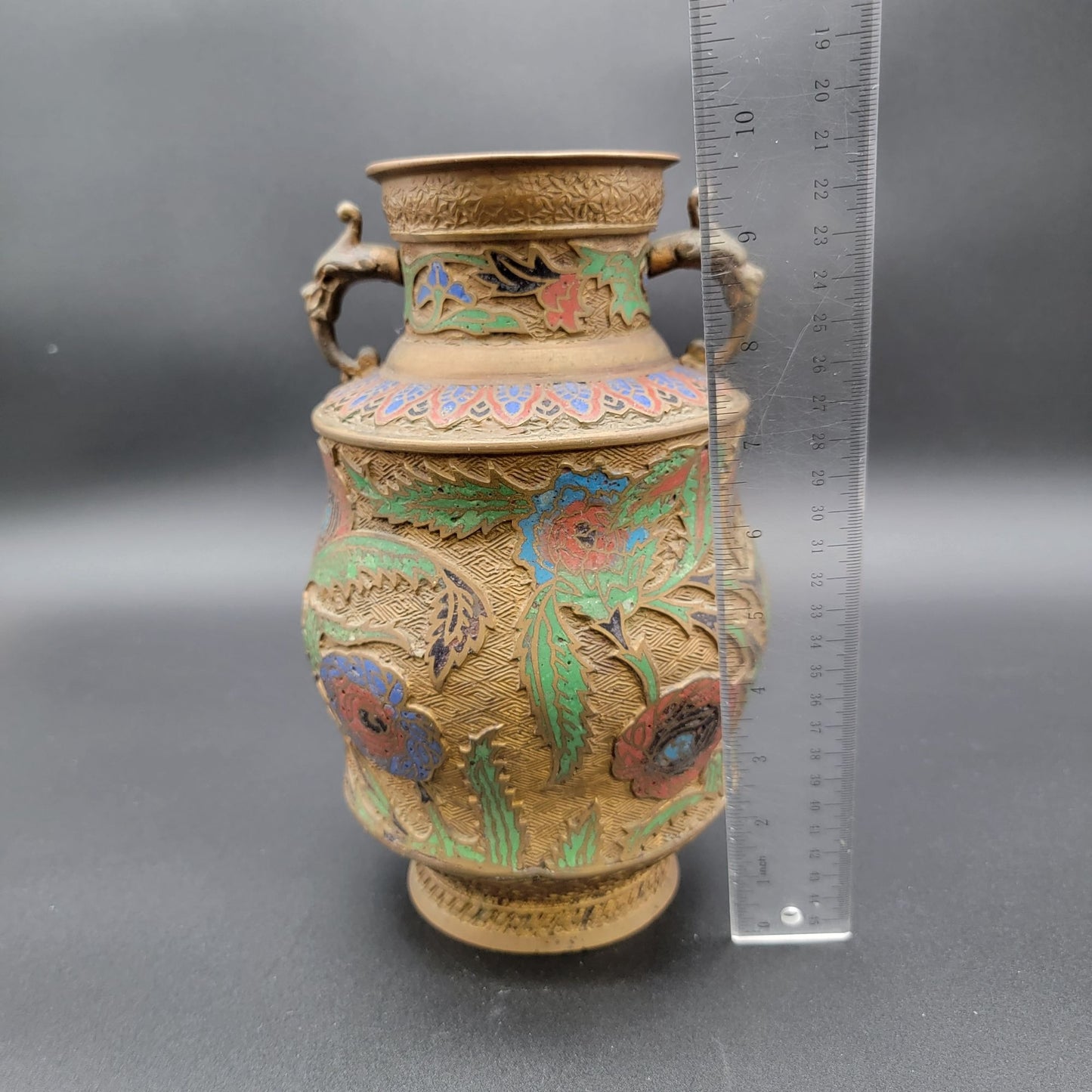 Antique Japanese Champleve Bronze Vase with Dragon Head Handles