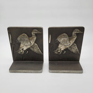 Vintage 1960's BRUCE FOX Pair of Cast Aluminum Alloy Bookends Flying Mallard DUCK w Cattails