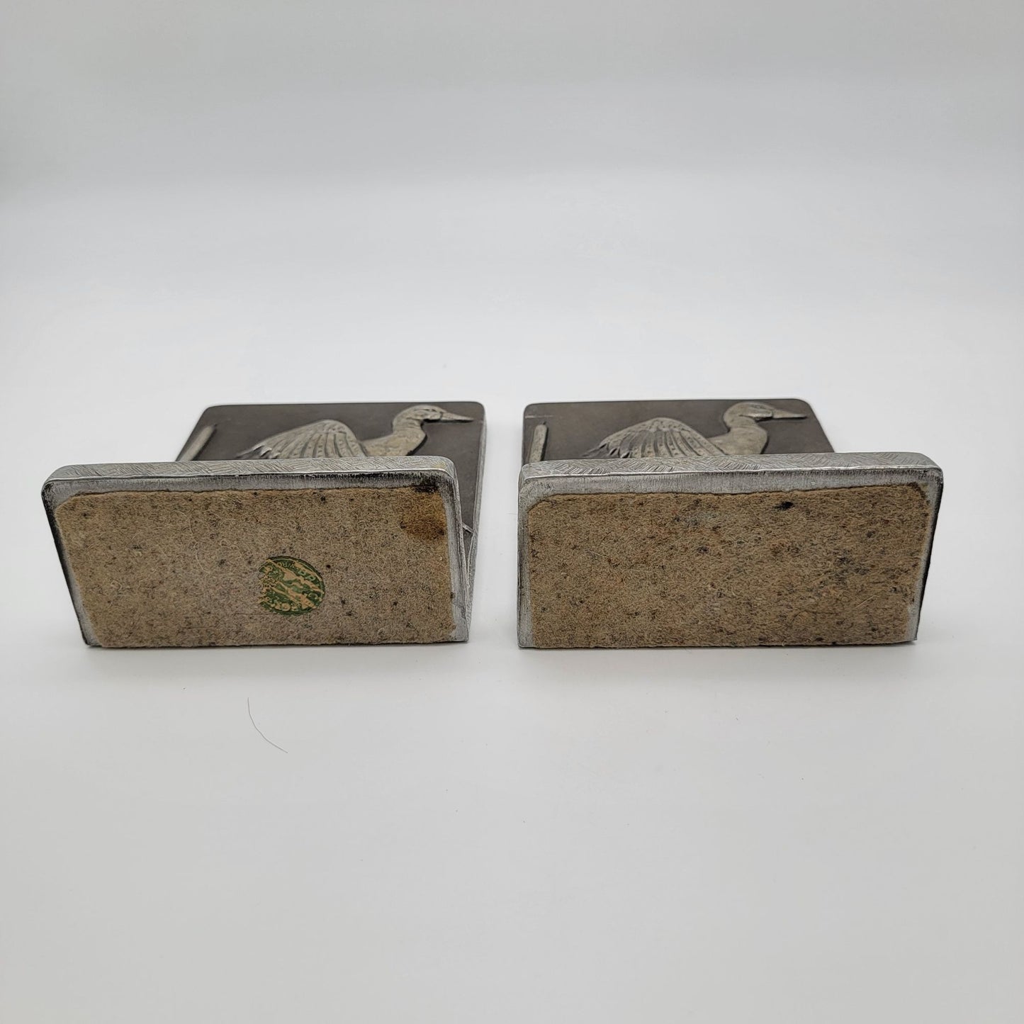 Vintage 1960's BRUCE FOX Pair of Cast Aluminum Alloy Bookends Flying Mallard DUCK w Cattails