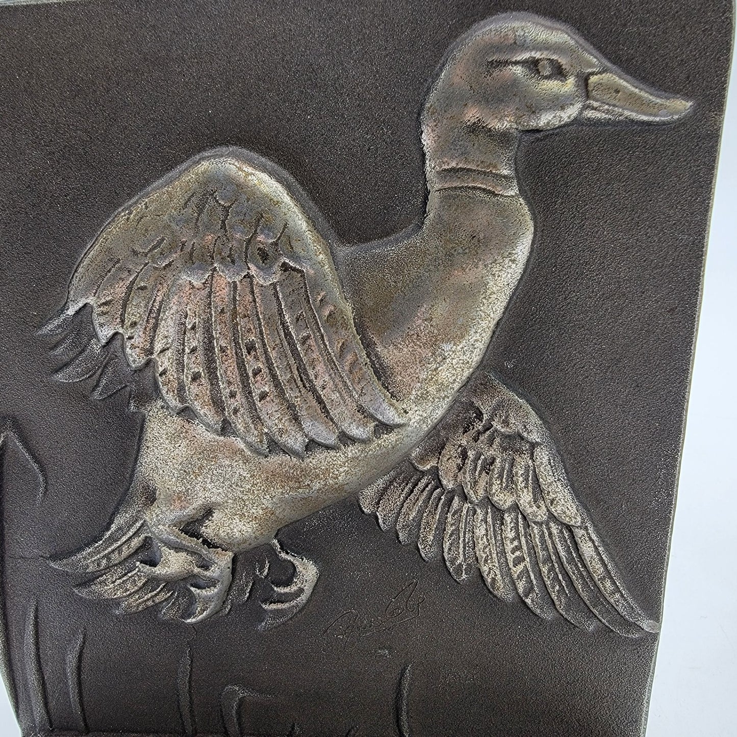 Vintage 1960's BRUCE FOX Pair of Cast Aluminum Alloy Bookends Flying Mallard DUCK w Cattails