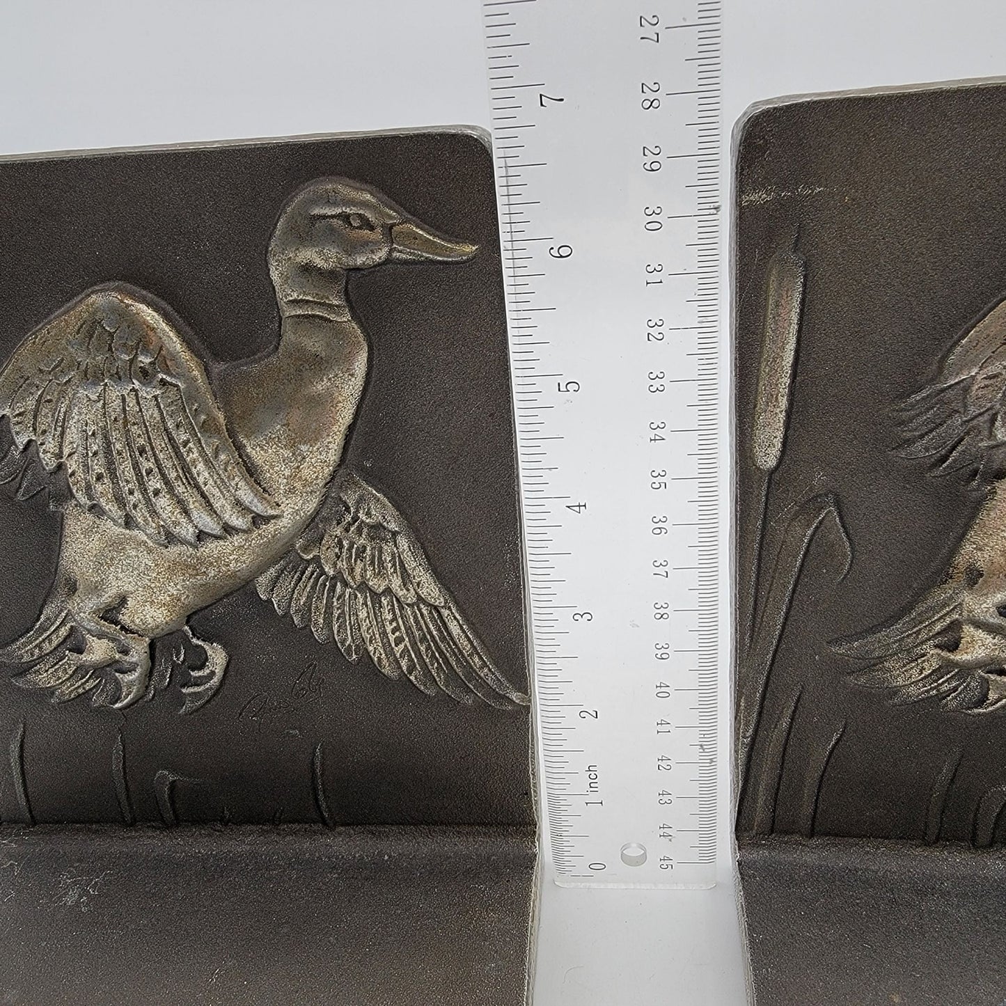 Vintage 1960's BRUCE FOX Pair of Cast Aluminum Alloy Bookends Flying Mallard DUCK w Cattails