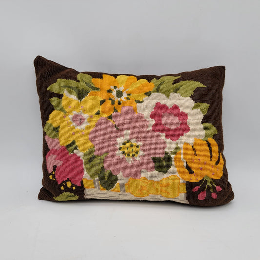 Vintage Floral Needlepoint Throw Pillow
