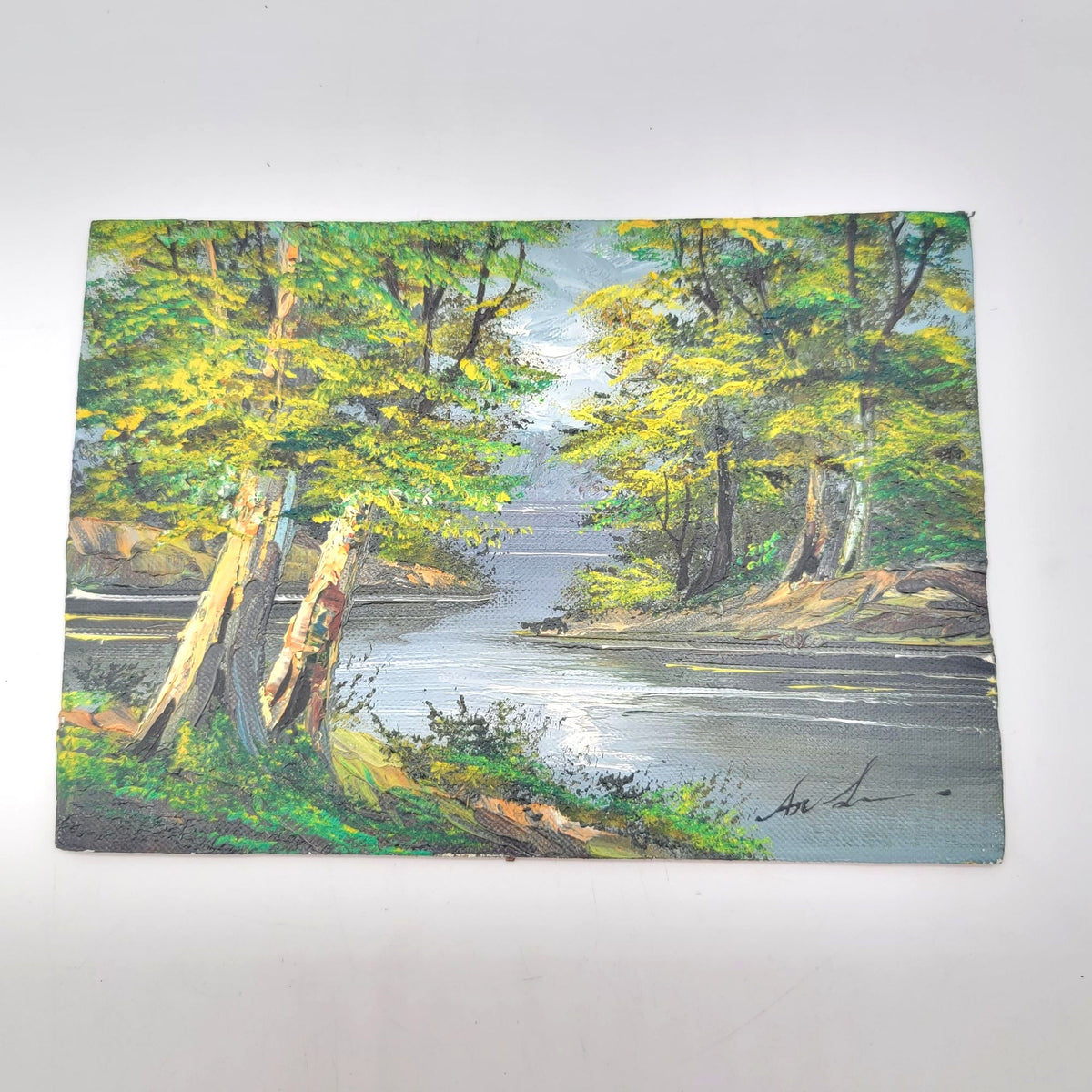 Original Landscape Oil Painting On Wood Panel With Impasto Texture Featuring Trees And A River Scene  5x7"