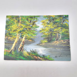 Original Landscape Oil Painting On Wood Panel With Impasto Texture Featuring Trees And A River Scene  5x7"