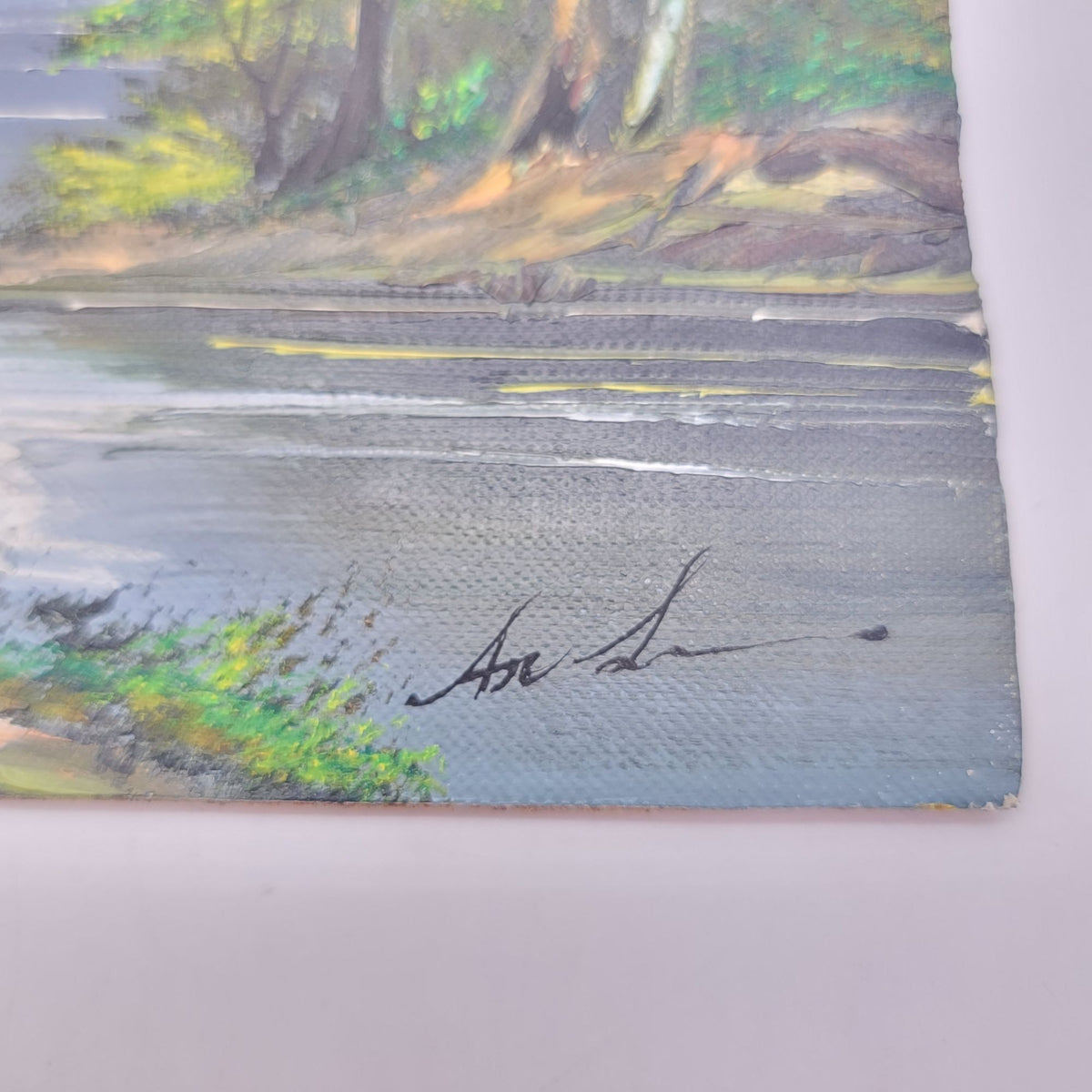 Original Landscape Oil Painting On Wood Panel With Impasto Texture Featuring Trees And A River Scene  5x7"