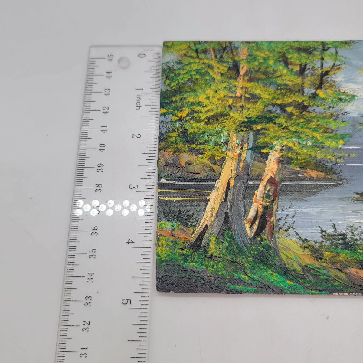 Original Landscape Oil Painting On Wood Panel With Impasto Texture Featuring Trees And A River Scene  5x7"