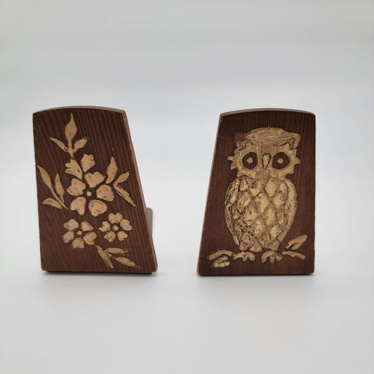 Vintage Wooden Hand Carved Owl & Floral Bookends Set Of 2
