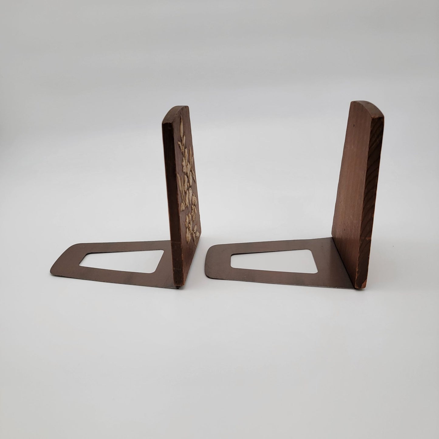 Vintage Wooden Hand Carved Owl & Floral Bookends Set Of 2