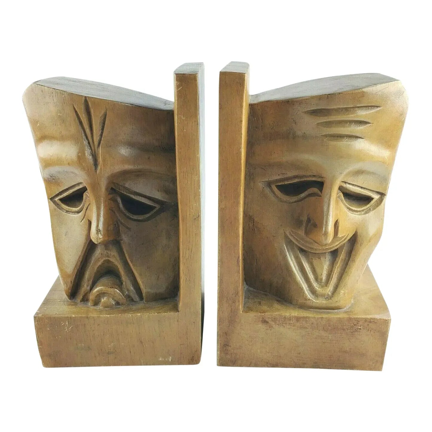 Mid Century Bookends Theater Comedy Tragedy Teak Wood