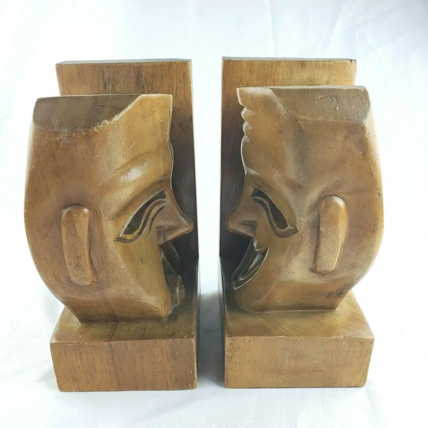 Mid Century Bookends Theater Comedy Tragedy Teak Wood