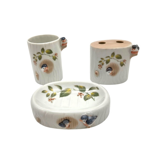 Vintage 3 Pc Takahashi Japan Birds Bathroom Set