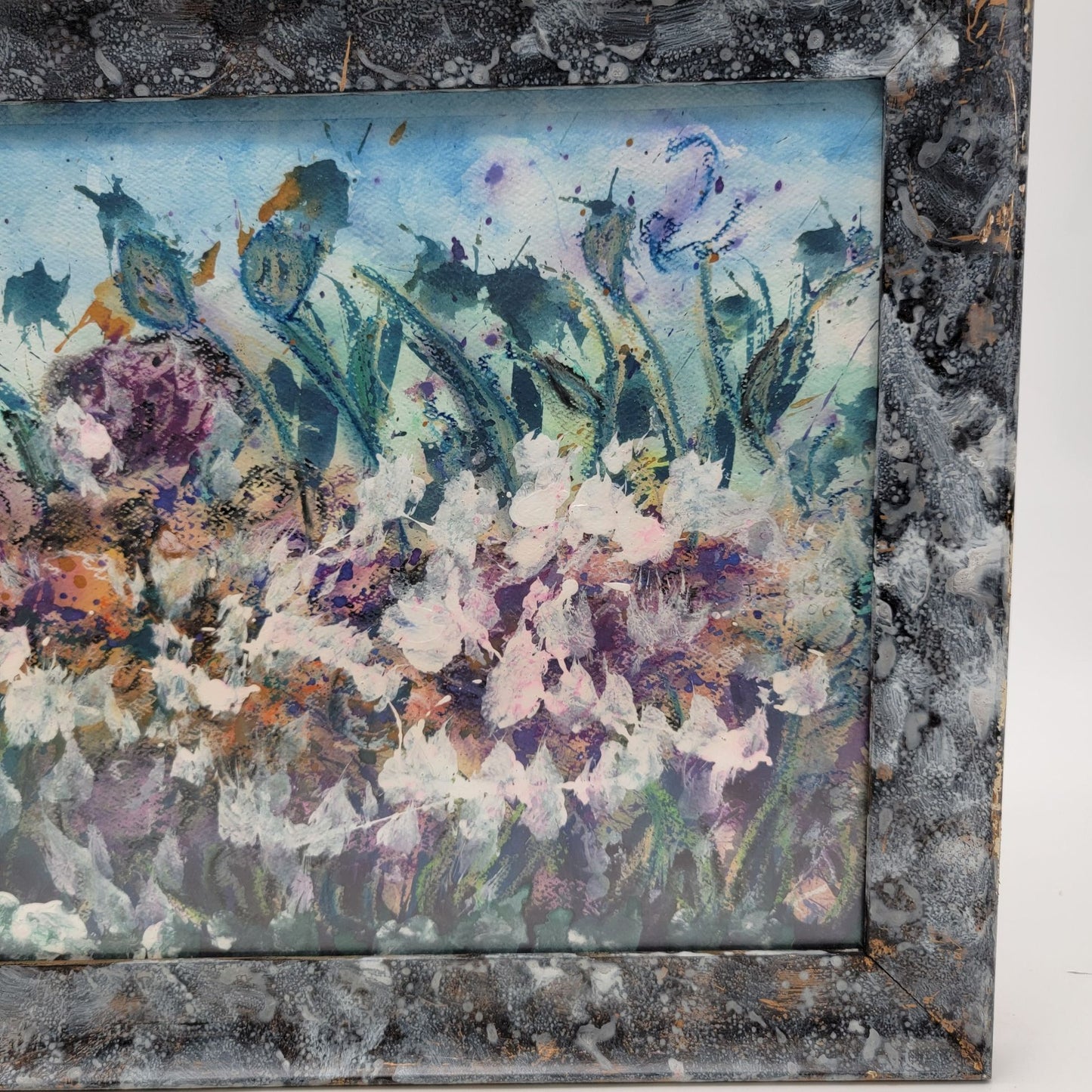 Garden of Wildflowers Painting Floral Scene Signed June Lowe 2006 With Painted Frame