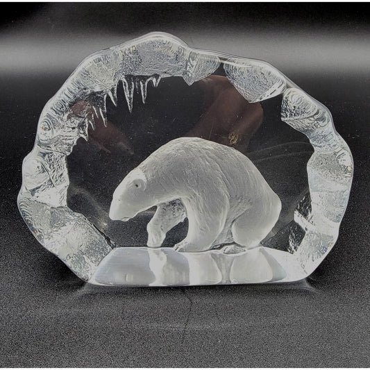 Mats Jonasson Signed Crystal Polar Bear On Iceberg Paperweight 33152