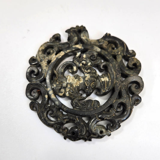 Carved Black Nephrite Jade Amulet Pendant Dragon 2.75" AS FOUND