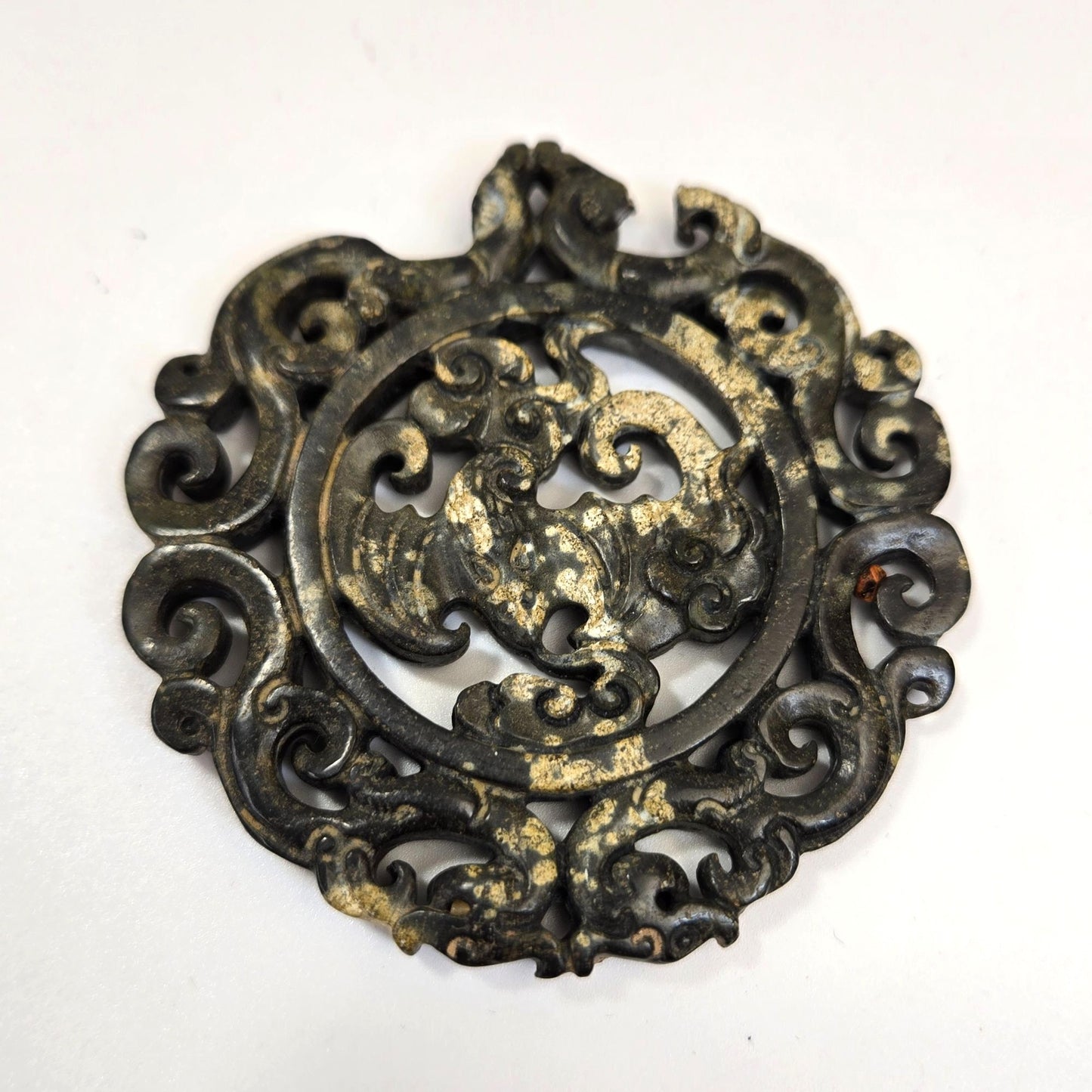 Carved Black Nephrite Jade Amulet Pendant Dragon 2.75" AS FOUND
