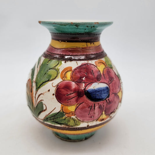 Hand-Painted Italian Sgraffito Majolica Vase With Floral Design