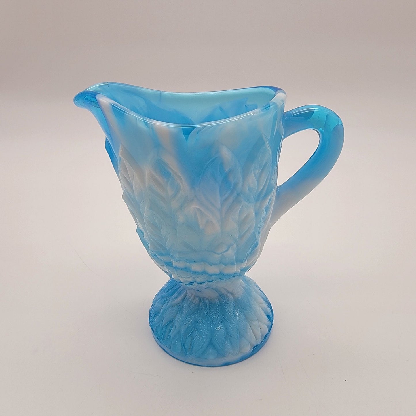 Antique Blue Opalescent Slag Glass Footed Creamer Leaf Tiers