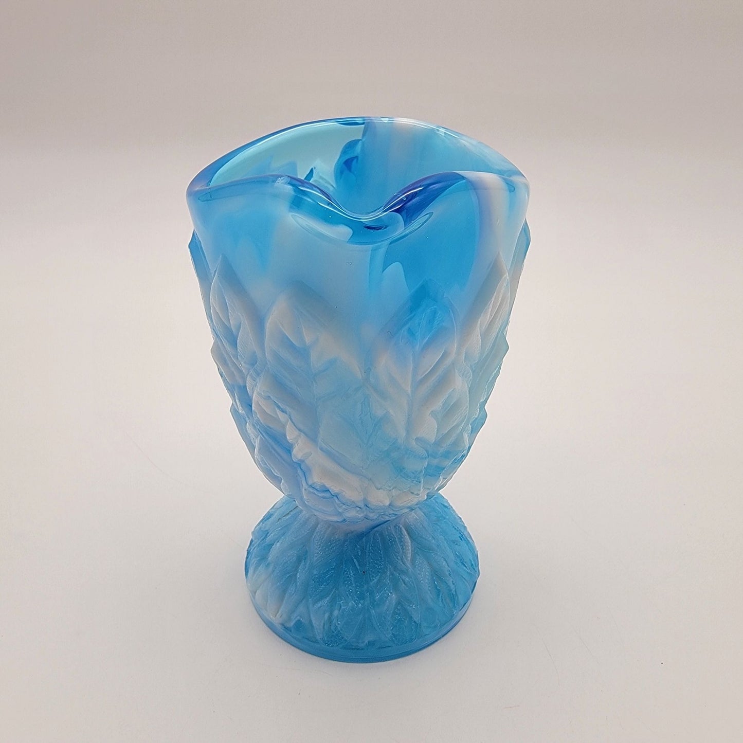Antique Blue Opalescent Slag Glass Footed Creamer Leaf Tiers