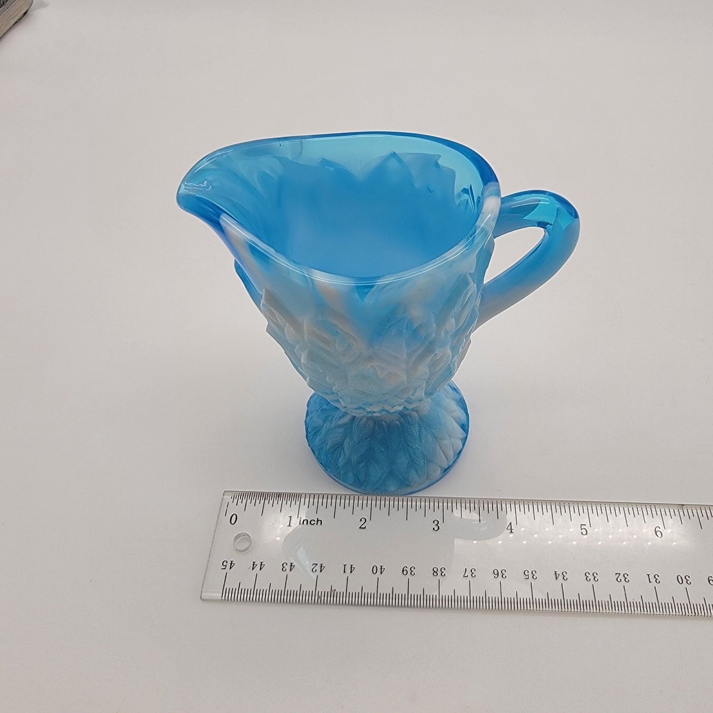 Antique Blue Opalescent Slag Glass Footed Creamer Leaf Tiers