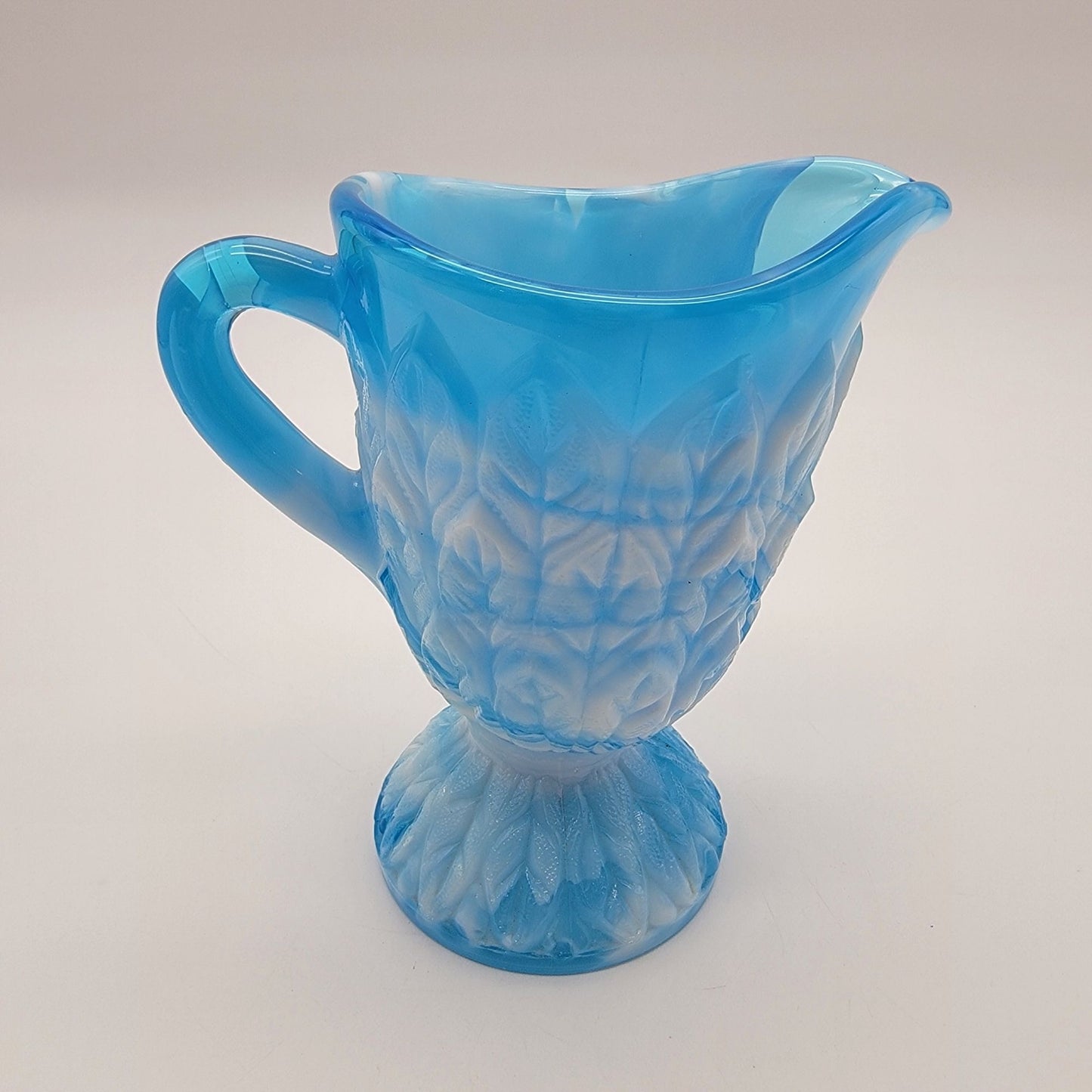 Antique Blue Opalescent Slag Glass Footed Creamer Leaf Tiers