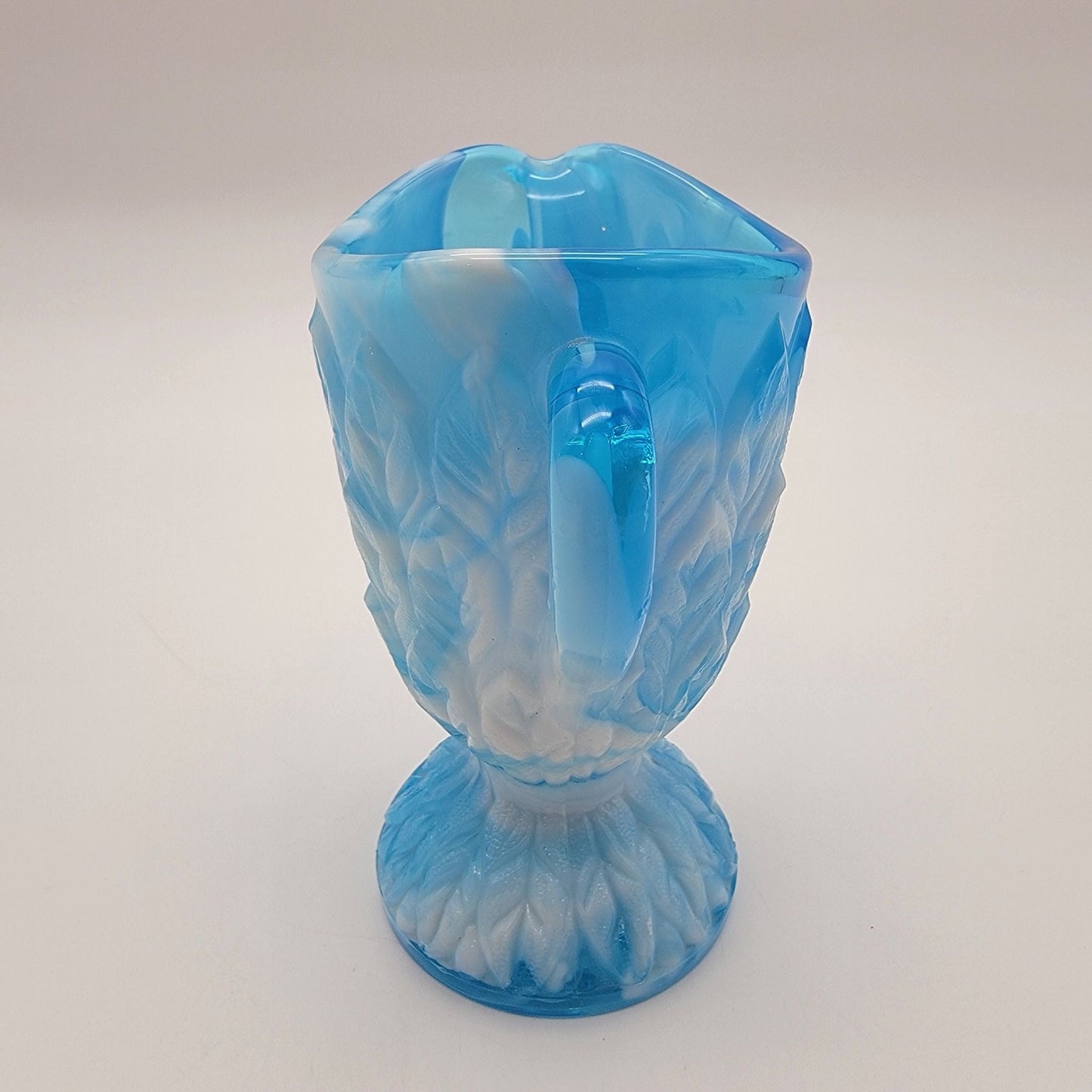 Antique Blue Opalescent Slag Glass Footed Creamer Leaf Tiers