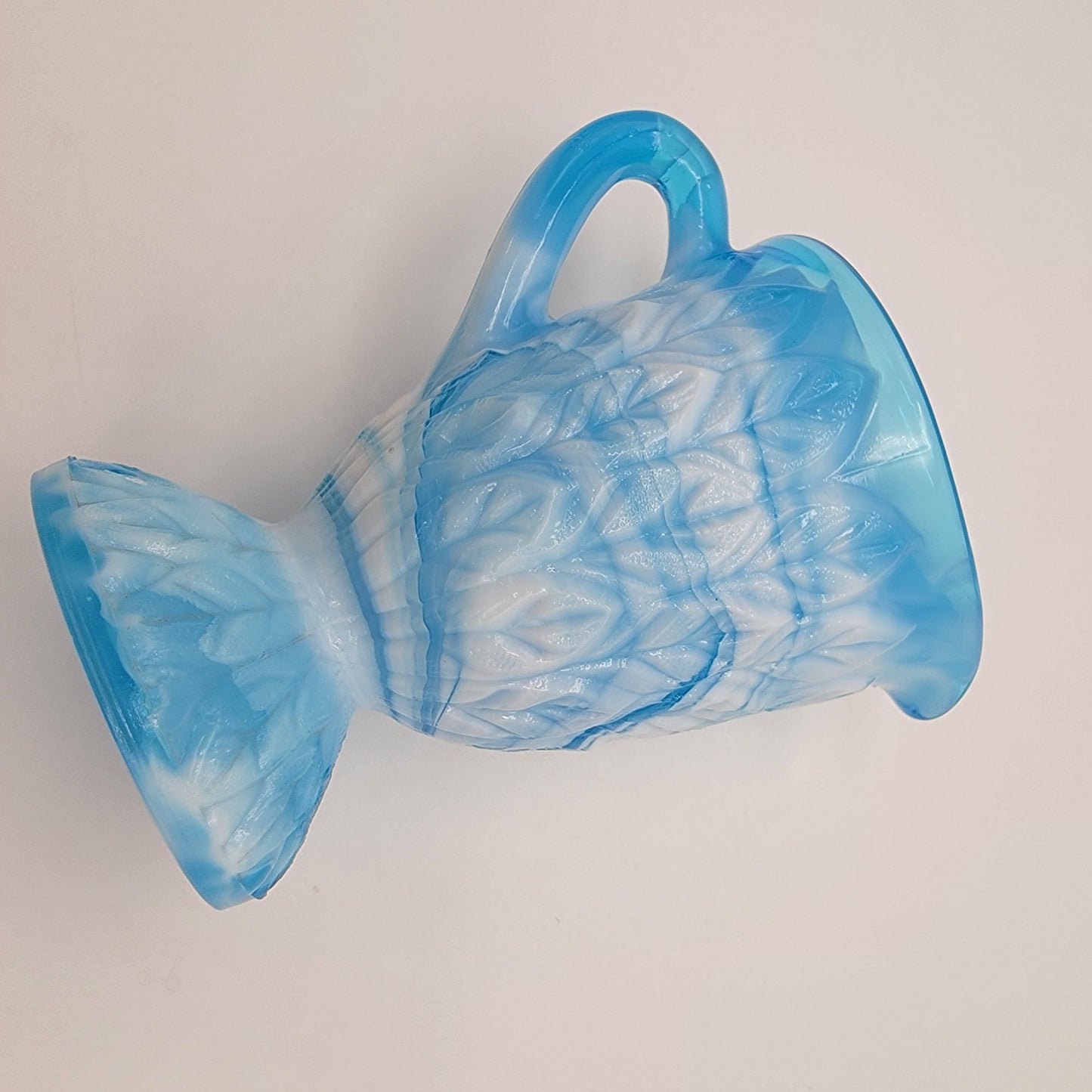 Antique Blue Opalescent Slag Glass Footed Creamer Leaf Tiers