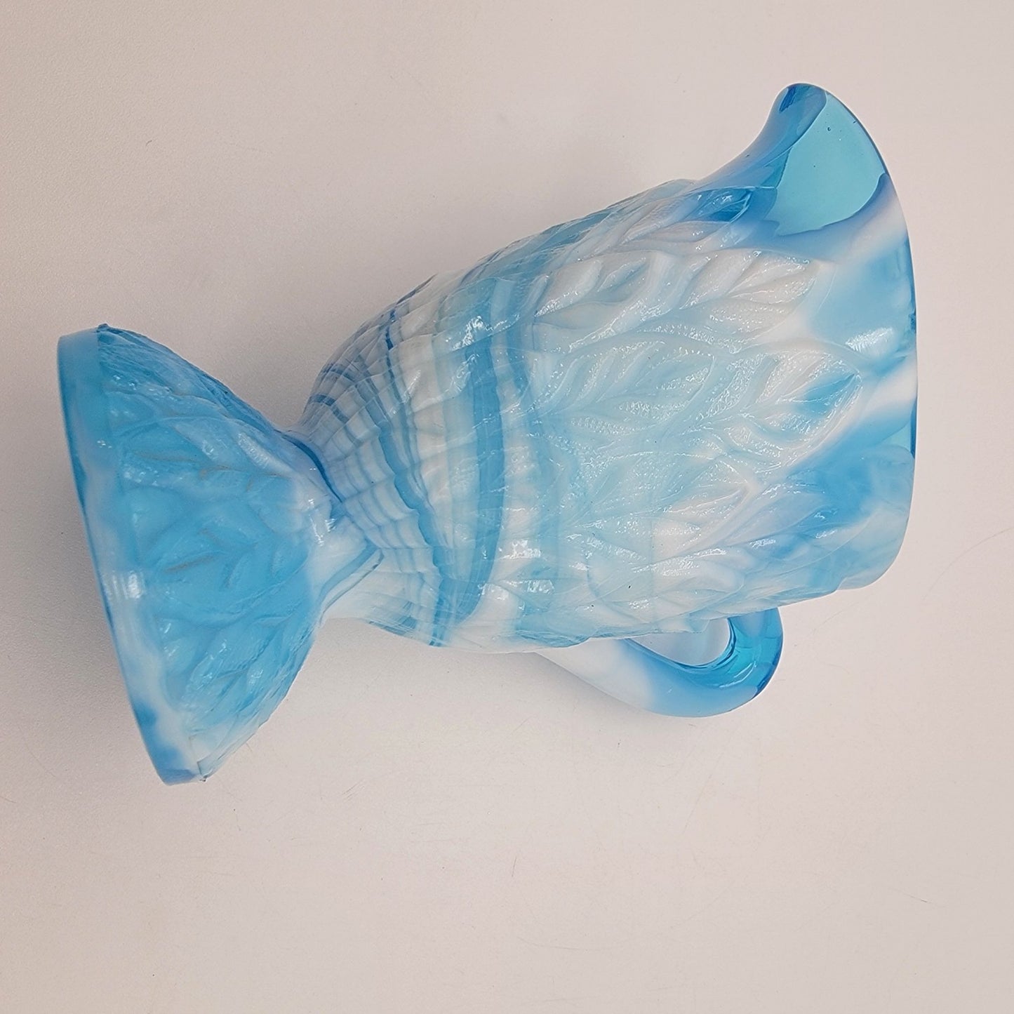 Antique Blue Opalescent Slag Glass Footed Creamer Leaf Tiers