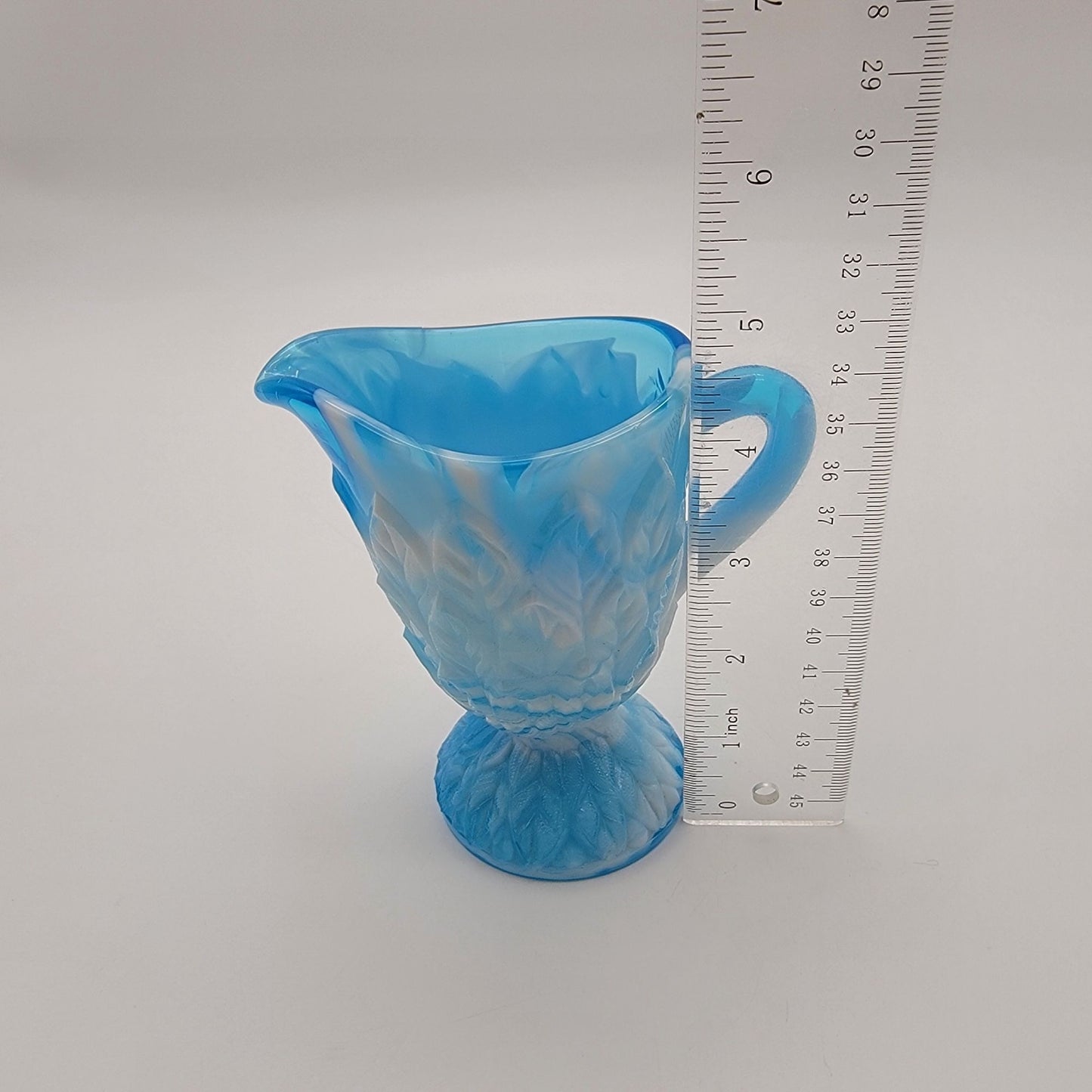 Antique Blue Opalescent Slag Glass Footed Creamer Leaf Tiers