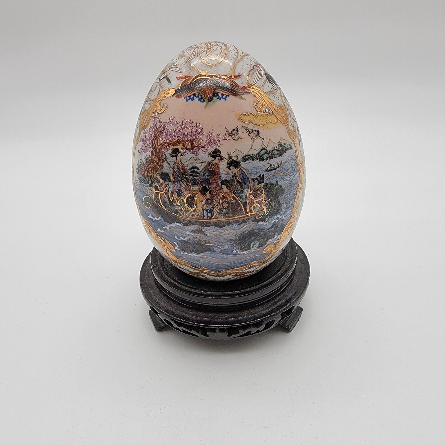 Vintage Satsuma Porcelain Egg With Moriage Geisha Boat Scene On Stand