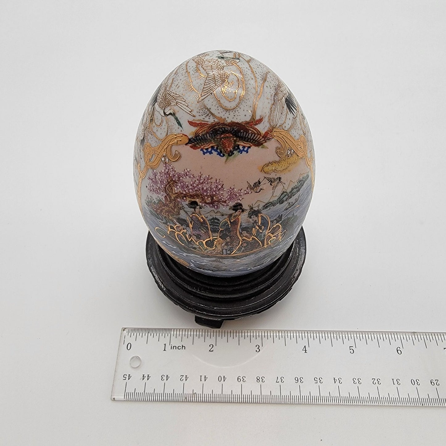 Vintage Satsuma Porcelain Egg With Moriage Geisha Boat Scene On Stand