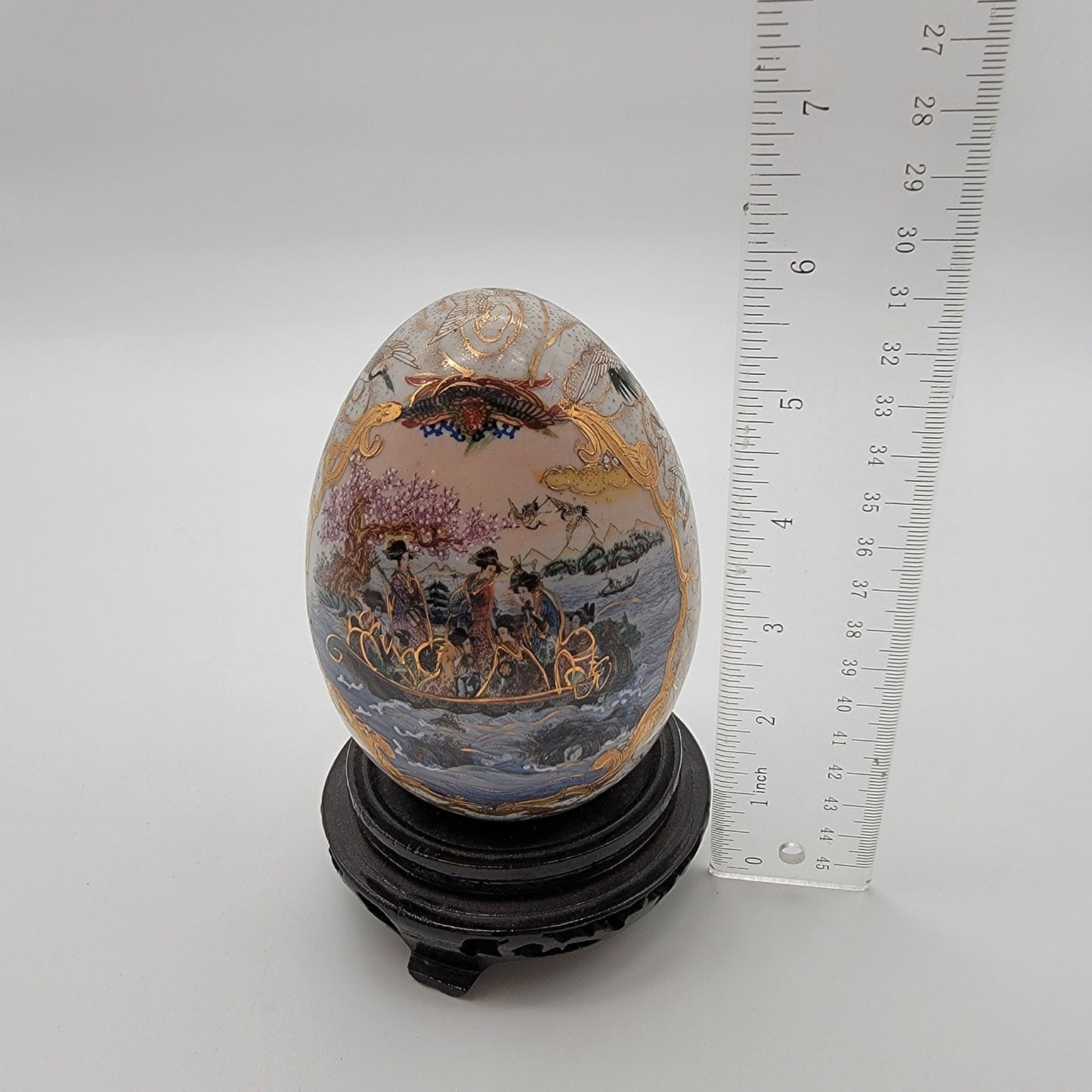 Vintage Satsuma Porcelain Egg With Moriage Geisha Boat Scene On Stand