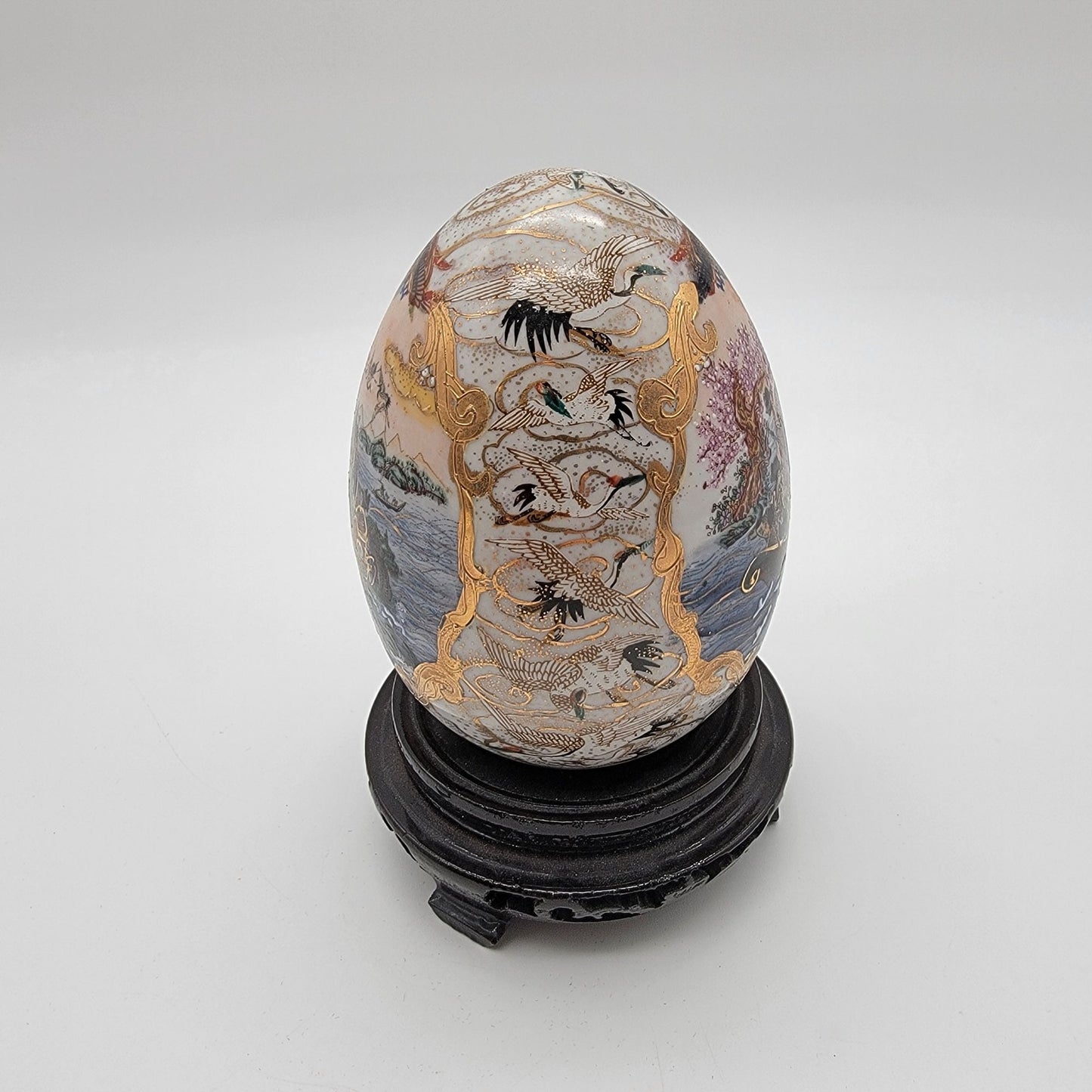 Vintage Satsuma Porcelain Egg With Moriage Geisha Boat Scene On Stand
