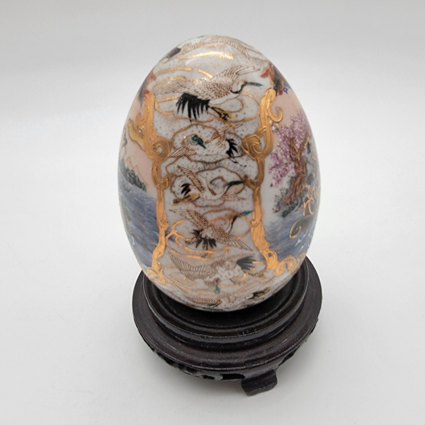 Vintage Satsuma Porcelain Egg With Moriage Geisha Boat Scene On Stand