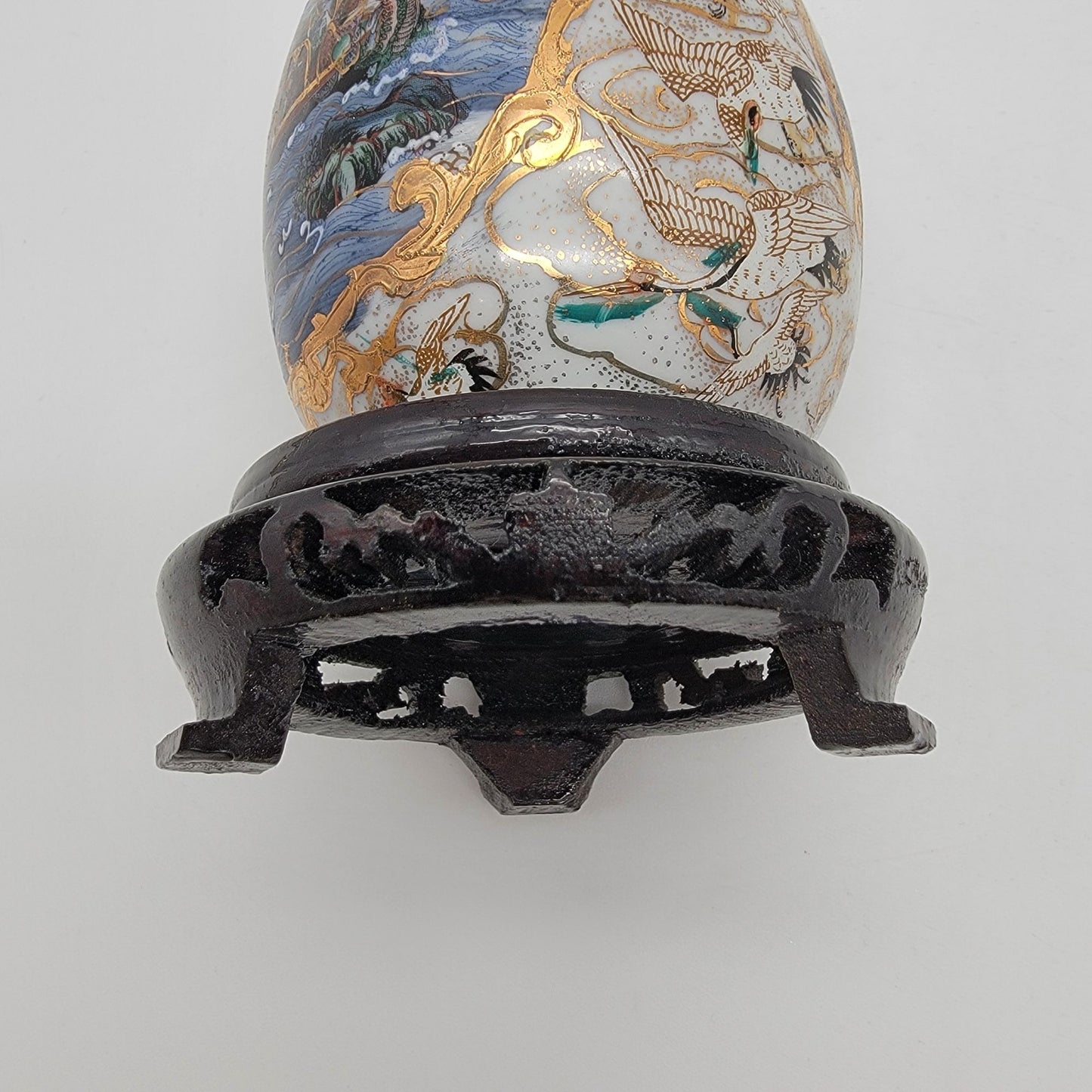 Vintage Satsuma Porcelain Egg With Moriage Geisha Boat Scene On Stand
