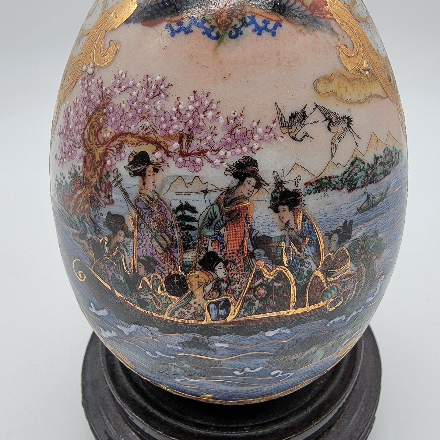 Vintage Satsuma Porcelain Egg With Moriage Geisha Boat Scene On Stand