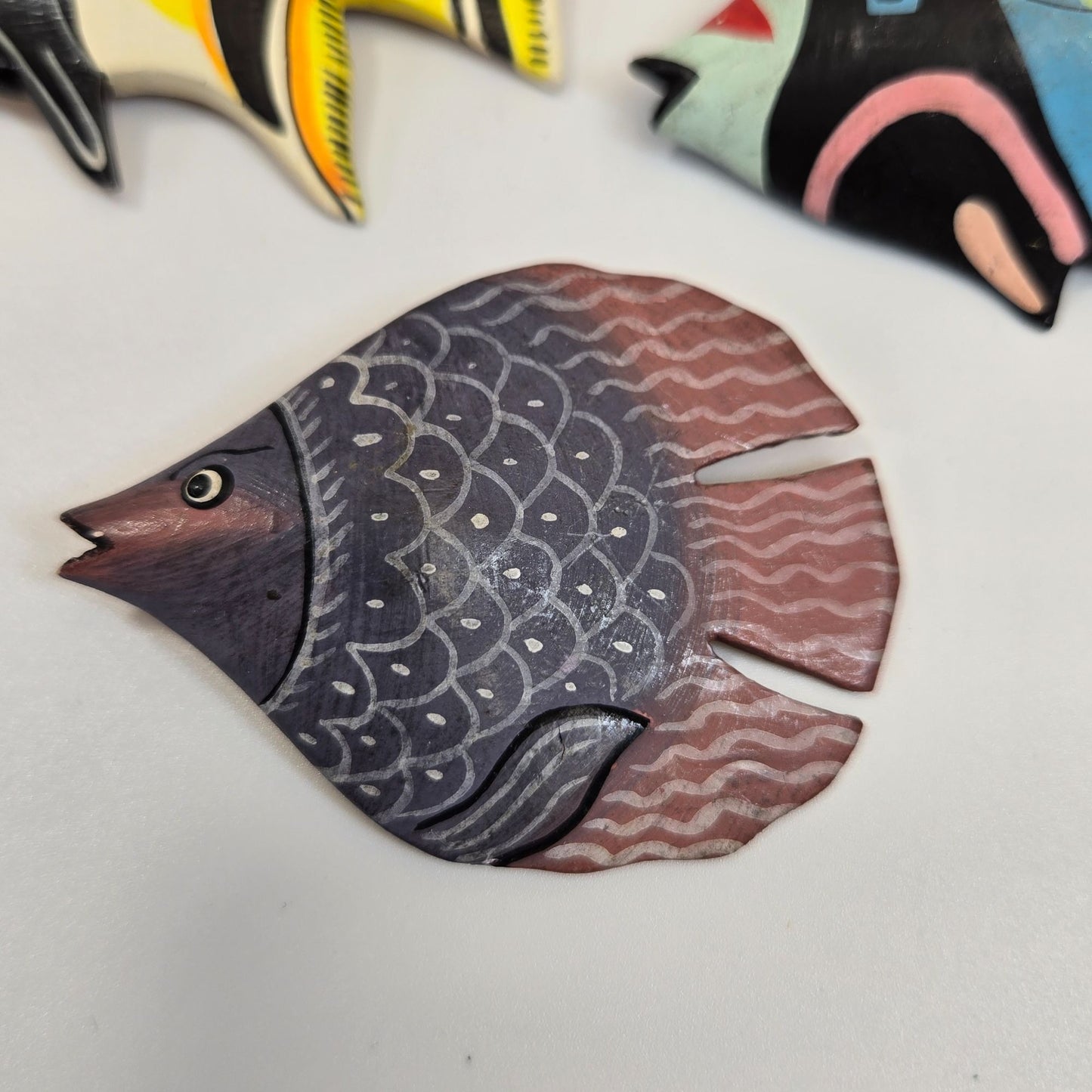 Set Of 4 Vintage Hand-Painted Mori Wood Fish Brooches