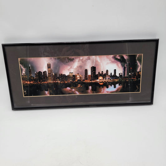 Chicago Skyline Lightning Storm Framed Aerial Photograph By Air One Aerial Photography