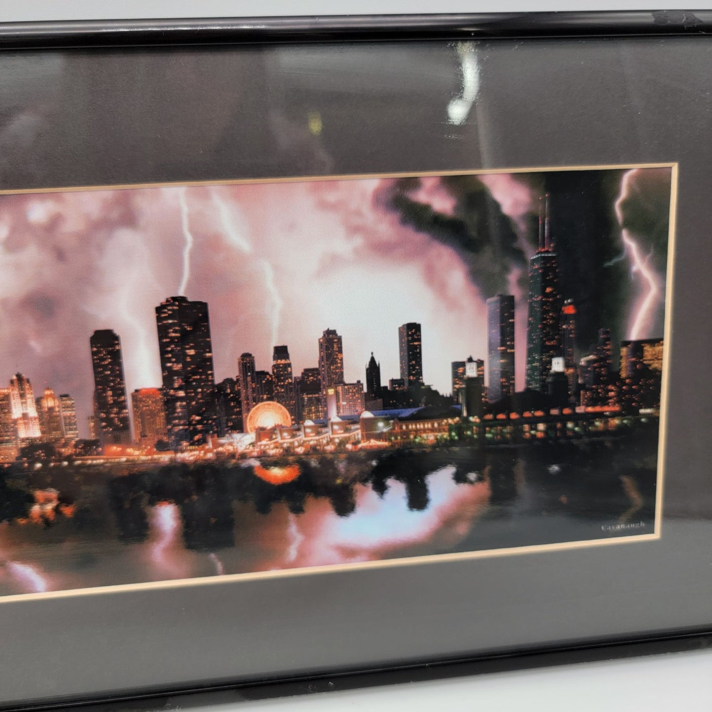 Chicago Skyline Lightning Storm Framed Aerial Photograph By Air One Aerial Photography