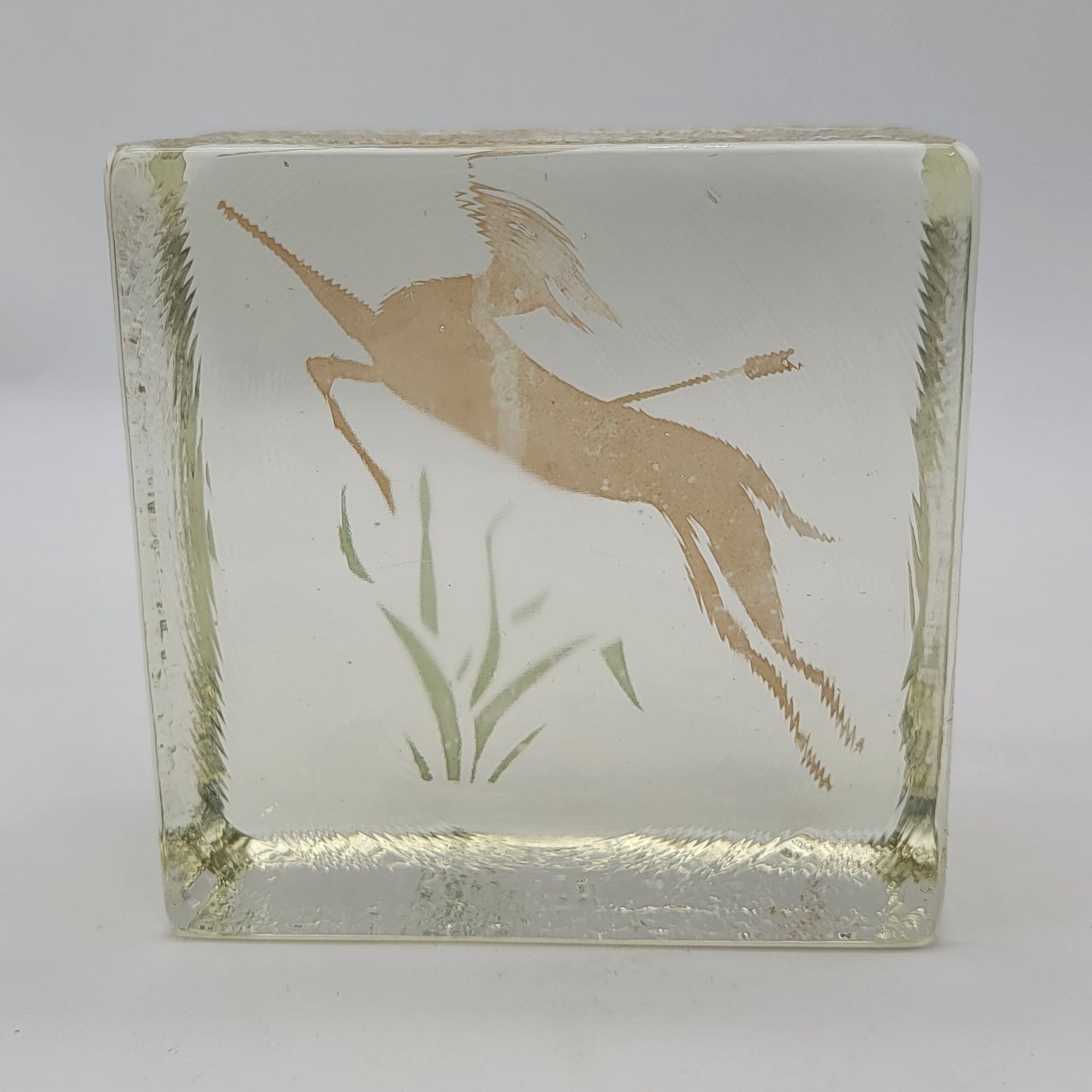 Vintage Blenko Glass Block Bookend With Engraved Deer Design