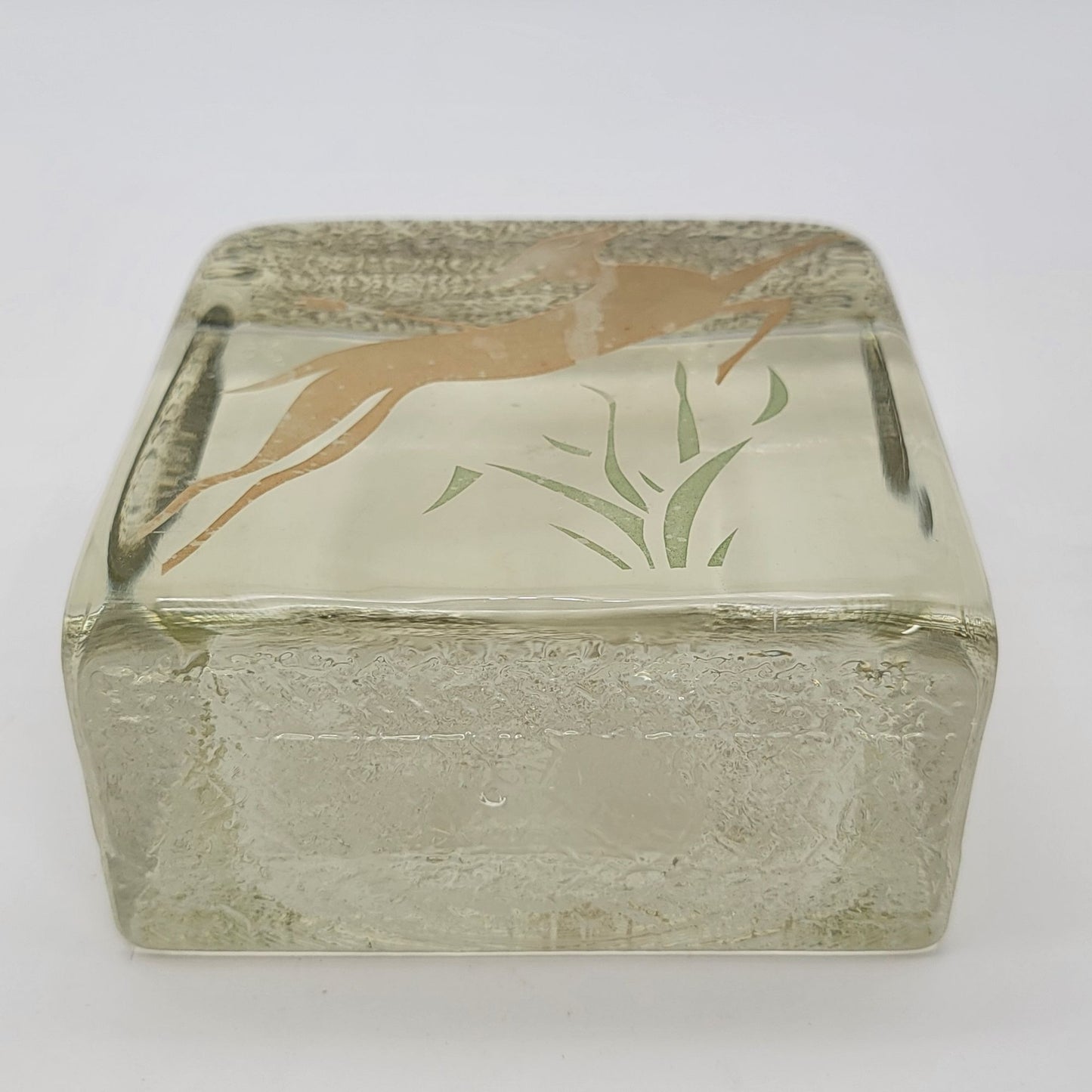 Vintage Blenko Glass Block Bookend With Engraved Deer Design