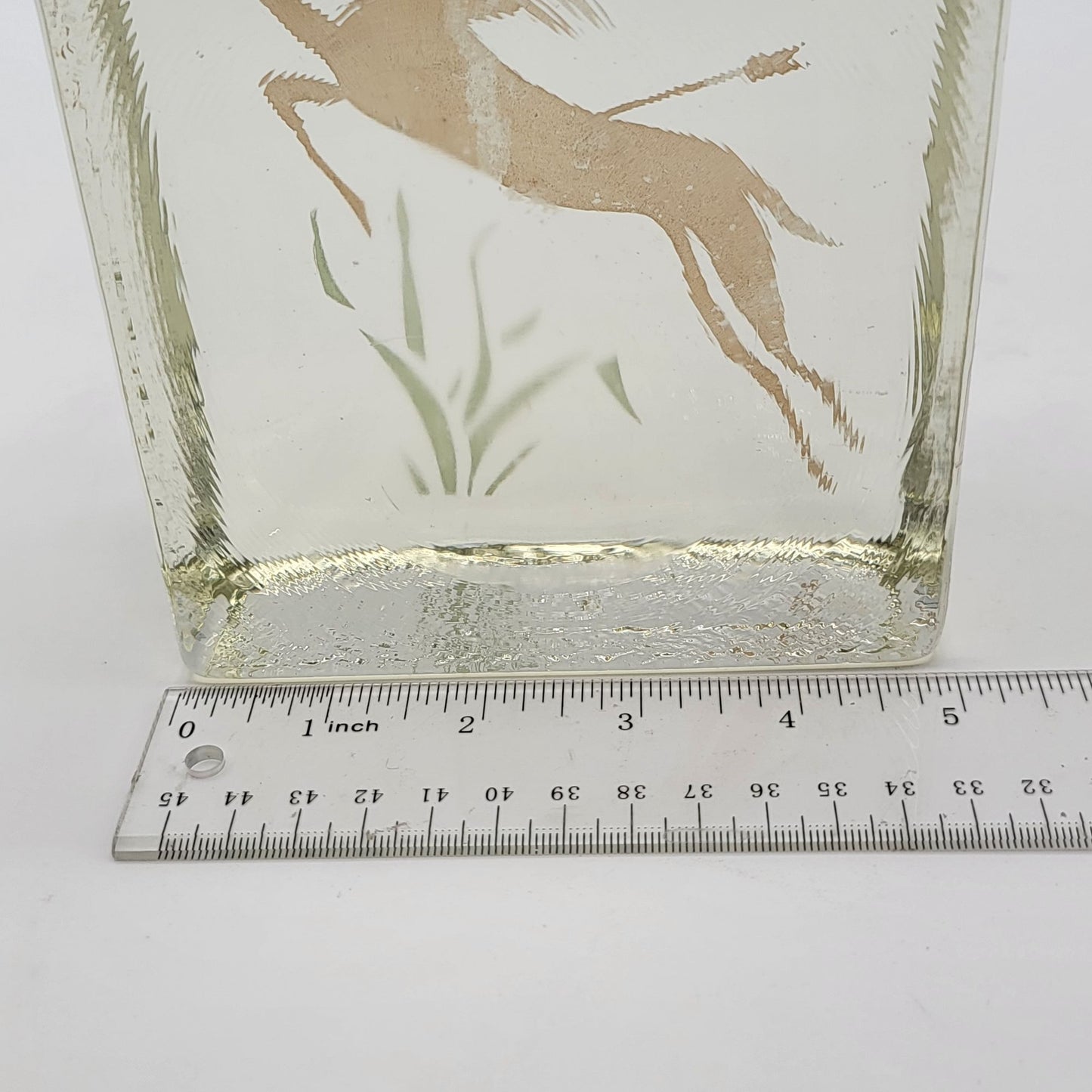 Vintage Blenko Glass Block Bookend With Engraved Deer Design