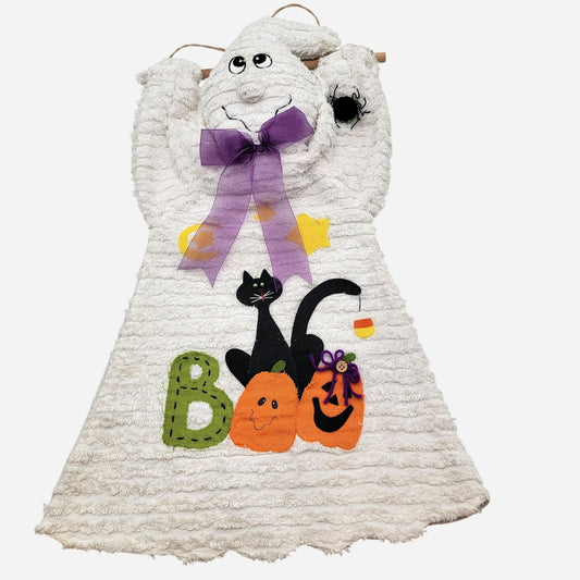 Chenille Ghost Halloween Wall Hanging With Cat & Pumpkins