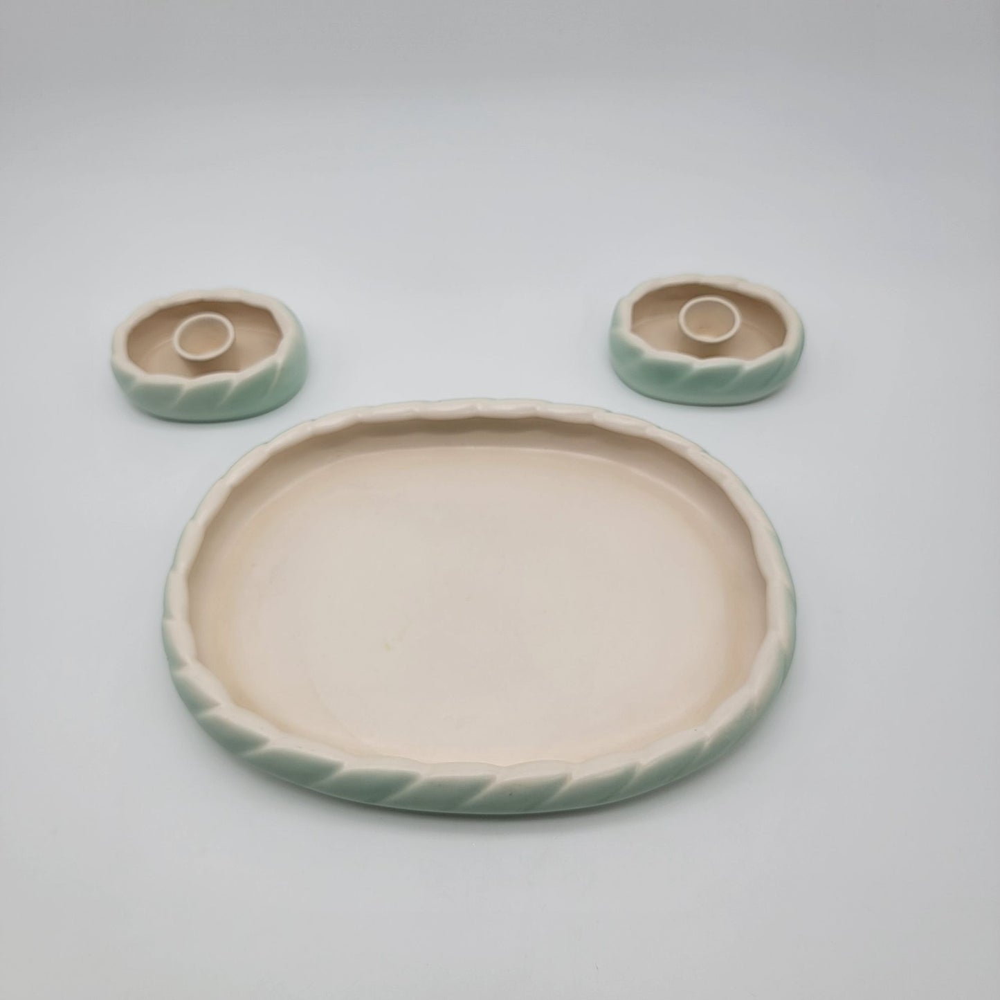 Vintage Roselane Pottery 3-Piece Console Set - Bowl/Vase & Candle Holders Mint Green & Cream