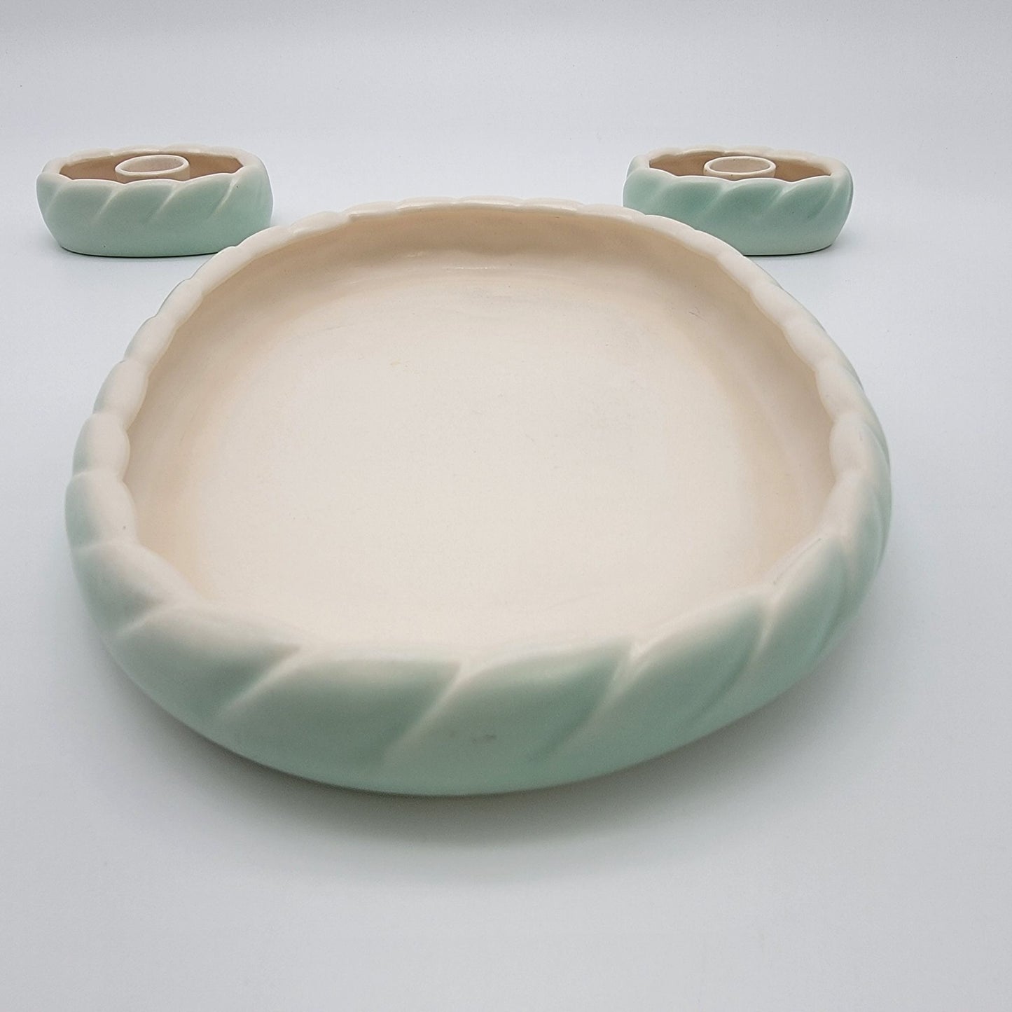 Vintage Roselane Pottery 3-Piece Console Set - Bowl/Vase & Candle Holders Mint Green & Cream